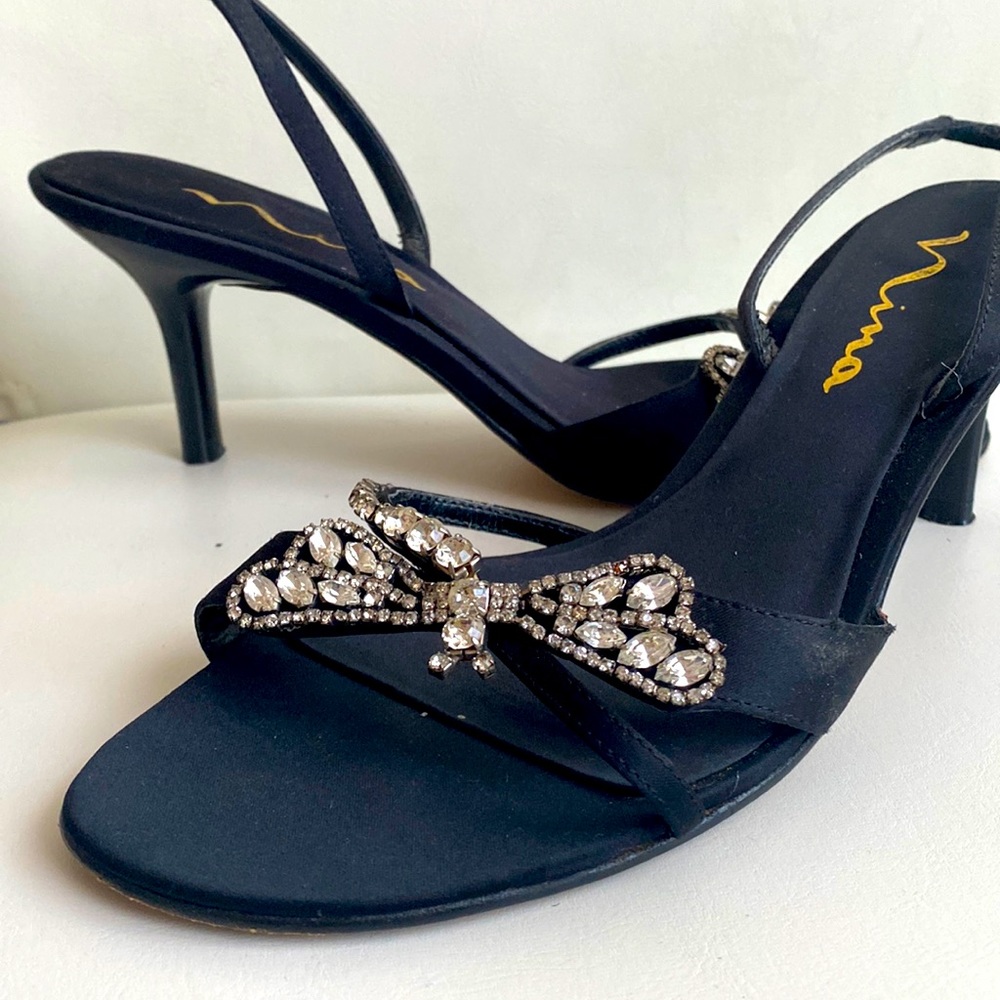 Nina black kitten heels with rhinestone butterfly detail